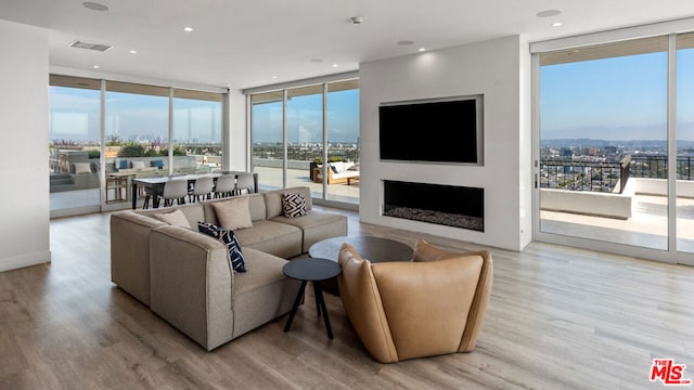 living room with light hardwood / wood-style flooring and floor to ceiling windows