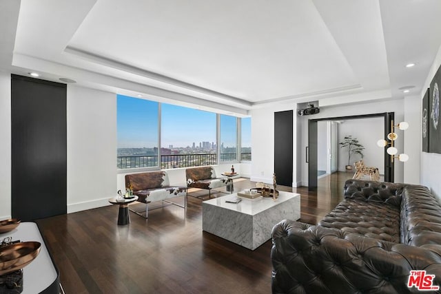 living room featuring a raised ceiling and dark wood-type flooring