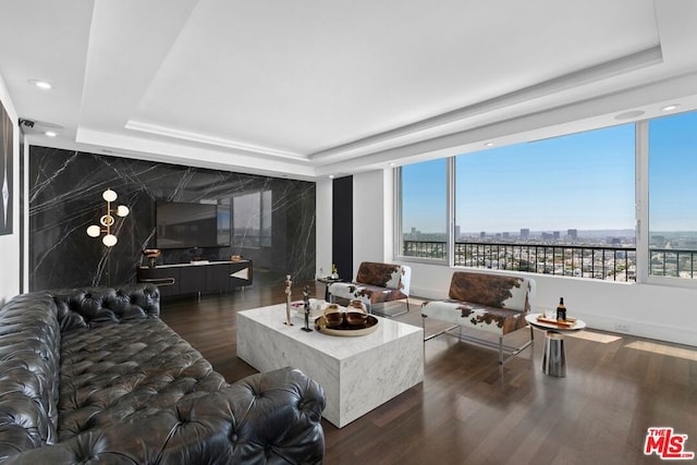 living room featuring dark hardwood / wood-style flooring and a tray ceiling