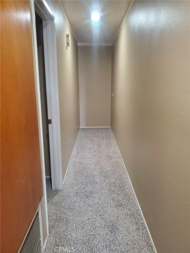 hallway with carpet and ornamental molding