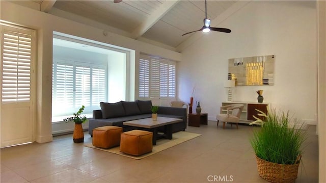 living room featuring ceiling fan, tile patterned flooring, vaulted ceiling with beams, and wooden ceiling