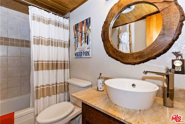 full bathroom with vanity, toilet, wooden ceiling, and shower / bath combo