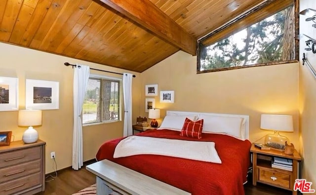 bedroom with wooden ceiling, lofted ceiling with beams, and dark wood-type flooring