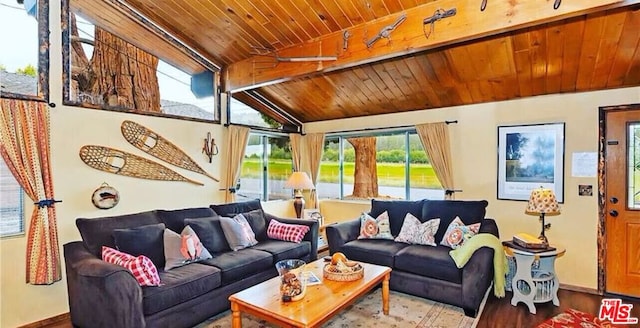 living room with lofted ceiling with beams, hardwood / wood-style flooring, and wooden ceiling