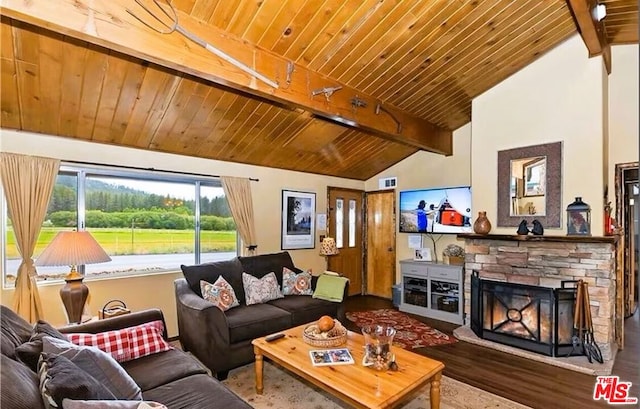 living room featuring a stone fireplace, wood-type flooring, wood ceiling, and lofted ceiling with beams