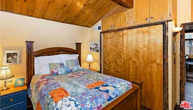 bedroom with wooden ceiling, lofted ceiling with beams, and hardwood / wood-style floors