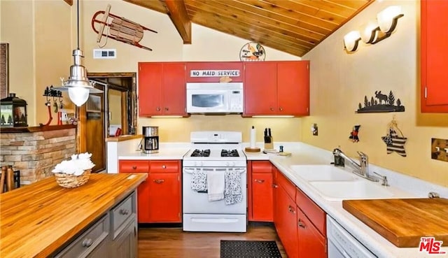 kitchen with vaulted ceiling with beams, wood ceiling, sink, white appliances, and dark wood-type flooring