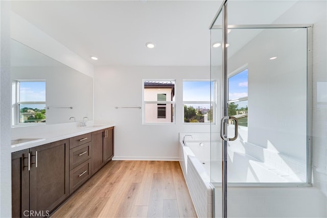 bathroom featuring plenty of natural light, wood-type flooring, shower with separate bathtub, and vanity