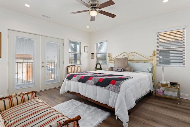 bedroom featuring access to exterior, ceiling fan, french doors, ornamental molding, and dark hardwood / wood-style floors