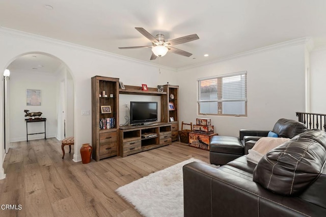 living room with light wood-type flooring, ceiling fan, and crown molding