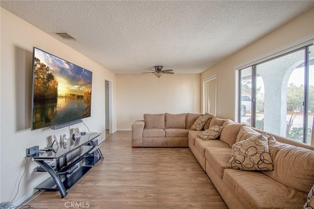 living room featuring ceiling fan, a textured ceiling, and light wood-type flooring