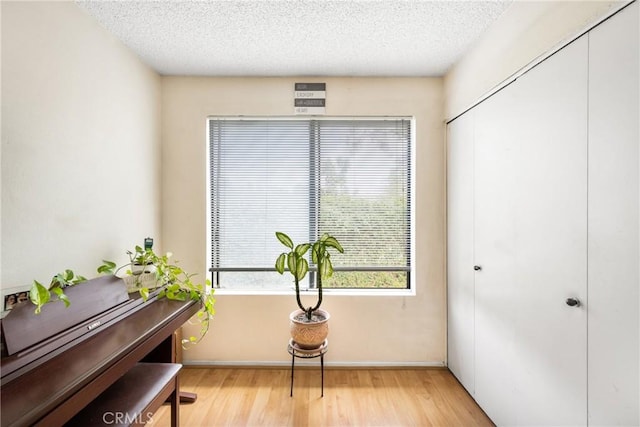 misc room featuring a textured ceiling and light hardwood / wood-style flooring