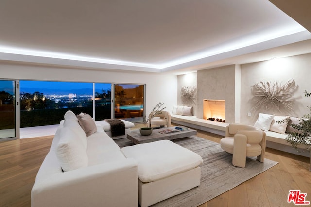 living room featuring hardwood / wood-style flooring, a raised ceiling, and a fireplace