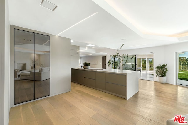 kitchen featuring a spacious island, an inviting chandelier, light hardwood / wood-style flooring, and decorative light fixtures