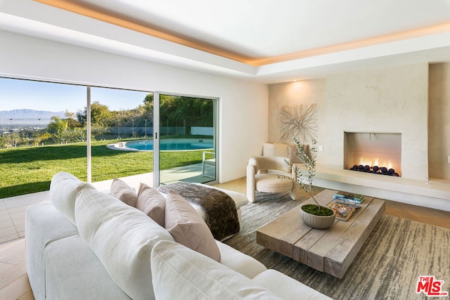 living room featuring a premium fireplace, a mountain view, and hardwood / wood-style flooring