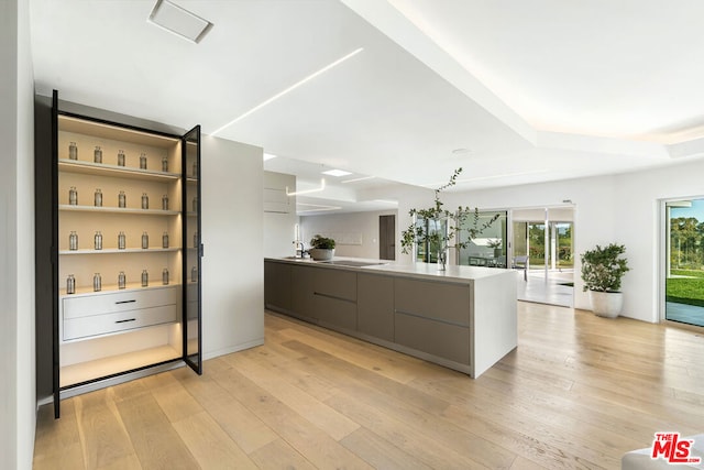 kitchen with a large island, sink, and light wood-type flooring