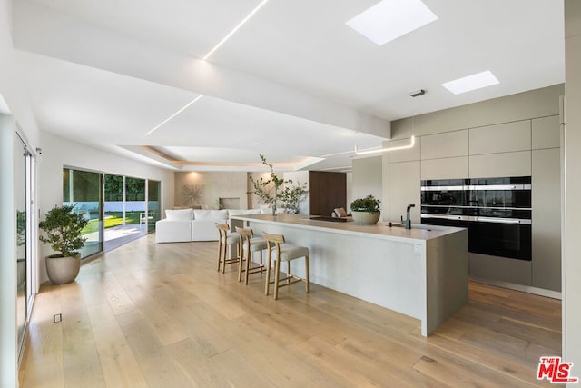 kitchen with a large island, light hardwood / wood-style flooring, a skylight, double oven, and sink