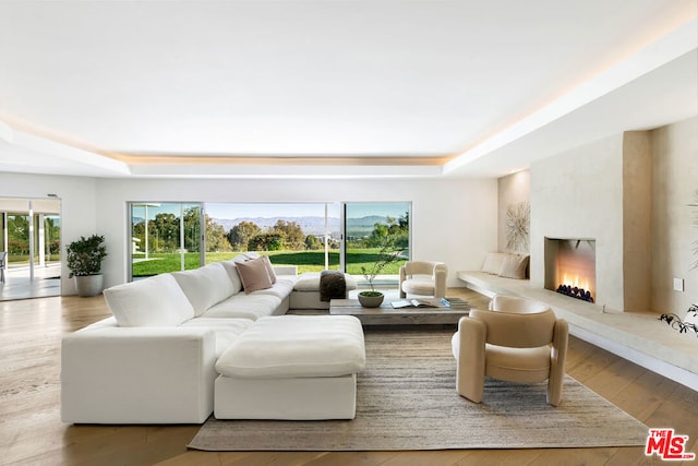 living room with a raised ceiling, a high end fireplace, and hardwood / wood-style floors