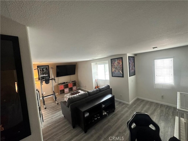 living room with a textured ceiling, hardwood / wood-style flooring, and plenty of natural light