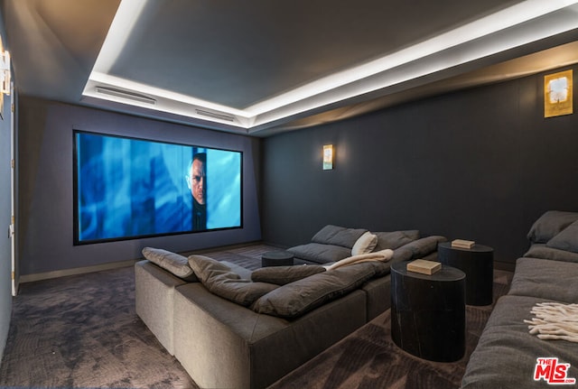 carpeted cinema featuring a raised ceiling