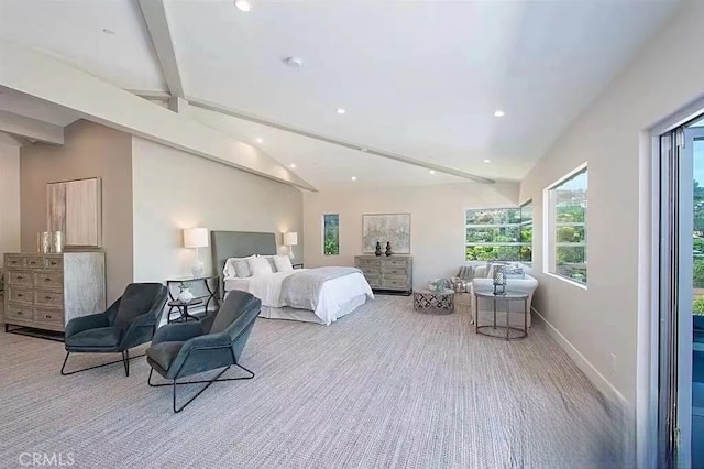 bedroom featuring light carpet and vaulted ceiling with beams