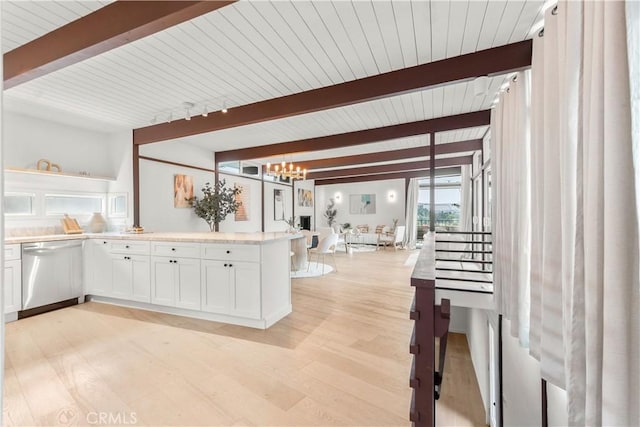 kitchen with white cabinets, wooden ceiling, beamed ceiling, light hardwood / wood-style flooring, and stainless steel dishwasher