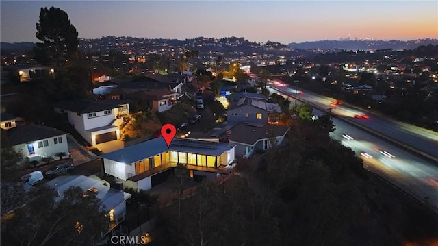 view of aerial view at dusk