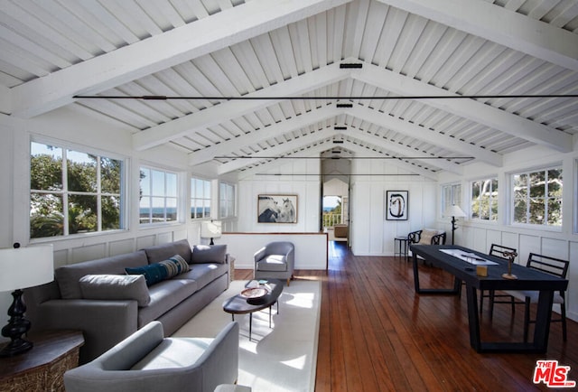 living room with lofted ceiling with beams and dark hardwood / wood-style flooring