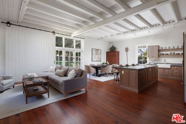 living room with beamed ceiling, dark hardwood / wood-style floors, track lighting, and sink