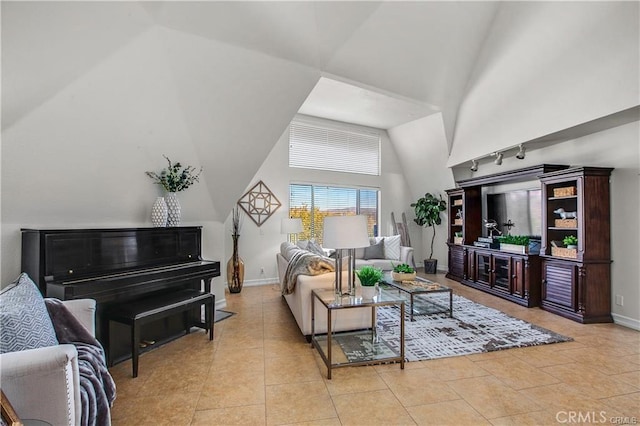 tiled living room with high vaulted ceiling