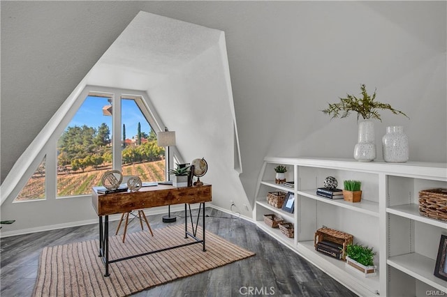 office with dark wood-type flooring, a wealth of natural light, and vaulted ceiling