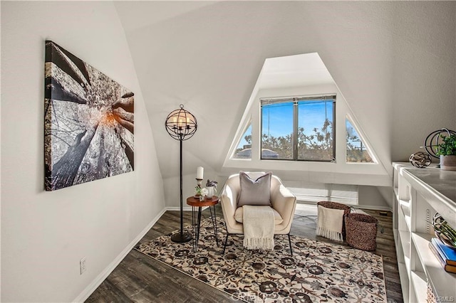 living area featuring hardwood / wood-style flooring and lofted ceiling