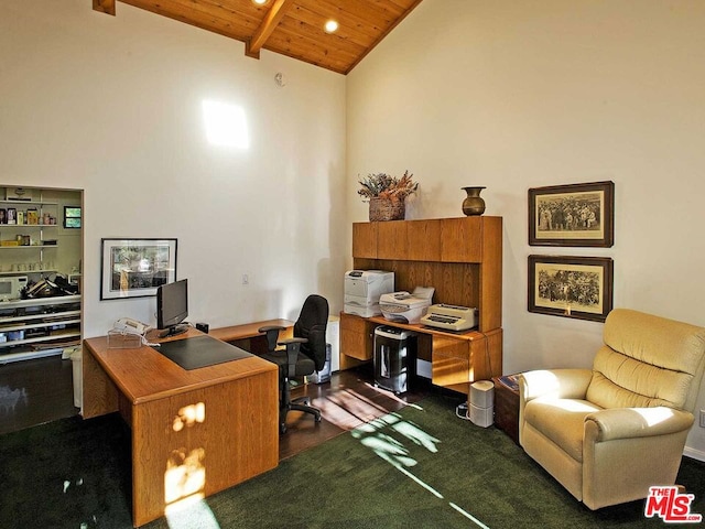 home office with high vaulted ceiling, wood ceiling, dark colored carpet, and beamed ceiling