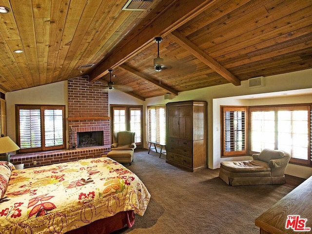 carpeted bedroom featuring brick wall, a brick fireplace, wooden ceiling, and vaulted ceiling with beams