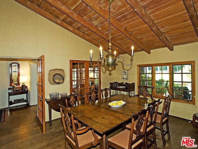 dining area with dark hardwood / wood-style floors, a notable chandelier, wood ceiling, and french doors