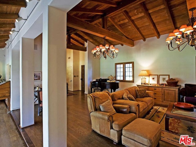 living room with wooden ceiling, a notable chandelier, high vaulted ceiling, and dark hardwood / wood-style flooring