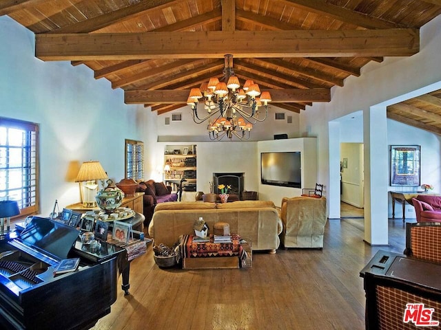 living room featuring wood ceiling, a chandelier, wood-type flooring, high vaulted ceiling, and beam ceiling