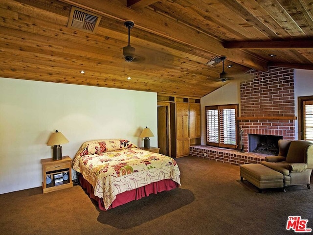 carpeted bedroom featuring brick wall, wooden ceiling, a fireplace, and lofted ceiling