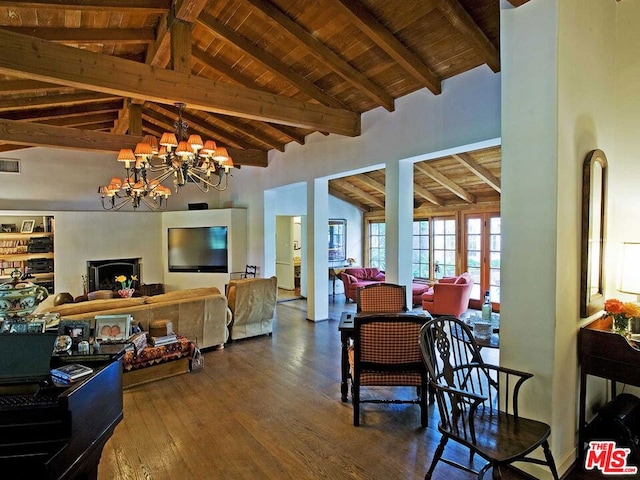 dining room with beam ceiling, dark hardwood / wood-style flooring, and wooden ceiling