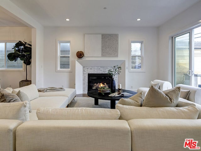 living room featuring a fireplace