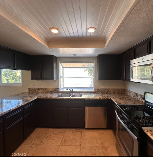 kitchen with ornamental molding, appliances with stainless steel finishes, sink, and a tray ceiling