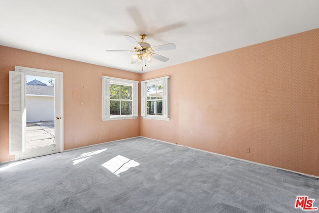 empty room featuring ceiling fan and carpet