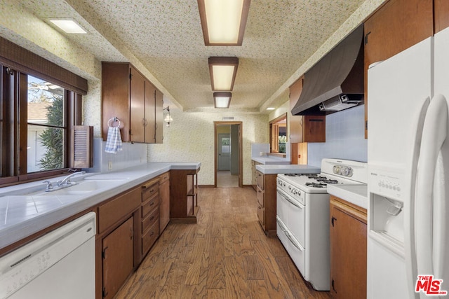 kitchen featuring white appliances, exhaust hood, sink, decorative backsplash, and light hardwood / wood-style floors