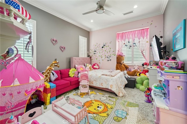 bedroom featuring ornamental molding and ceiling fan