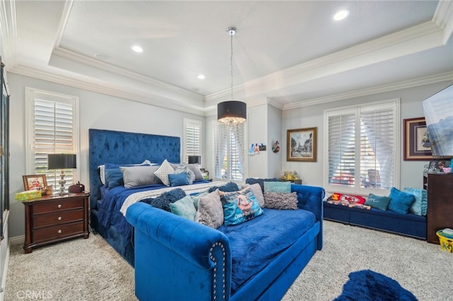 bedroom featuring light carpet, a raised ceiling, crown molding, and a chandelier