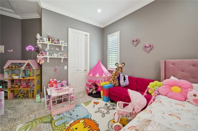 bedroom with crown molding and carpet flooring