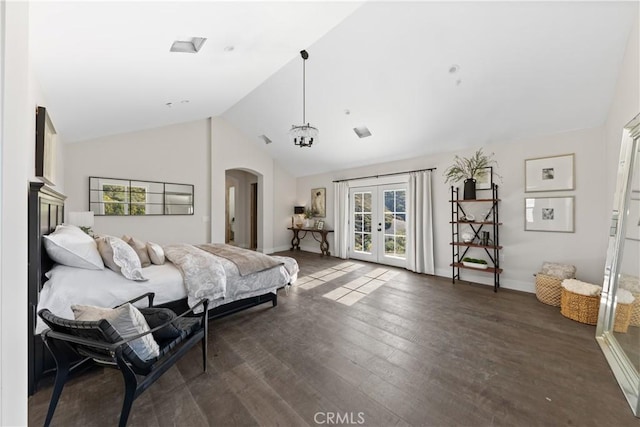 bedroom with high vaulted ceiling, dark hardwood / wood-style flooring, access to outside, and french doors