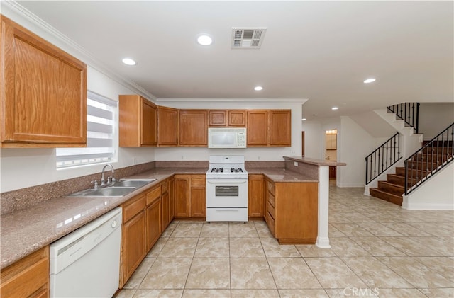 kitchen with kitchen peninsula, ornamental molding, sink, light tile patterned floors, and white appliances