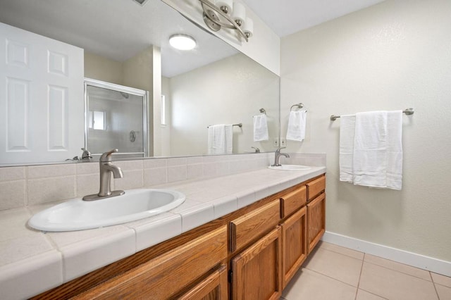 bathroom featuring tile patterned floors, vanity, and walk in shower