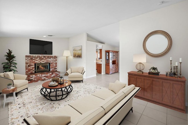 living room featuring a brick fireplace, light tile patterned floors, and vaulted ceiling